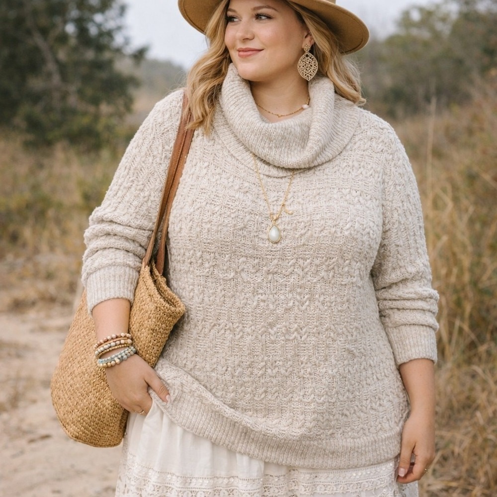 Northcrest Cowl Neck Knit Sweater Womens Size 1X‎ Beige Textured Pullover